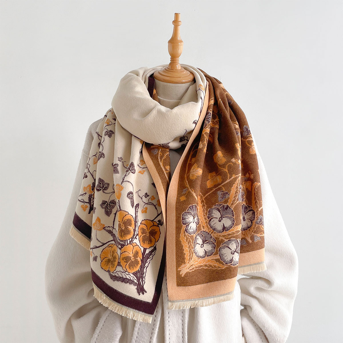 Pashmina Wrap Large - ผ้าพันคอแคชเมียร์เทียมสำหรับผู้หญิง ผ้าคลุมไหล่หนาอุ่นพร้อมขอบพู่ ผ้าพันคอแฟชั่นลายพิมพ์สำหรับฤดูหนาว ผ้าพันคอพาชมิน่าขนาดใหญ่แบบสองด้าน