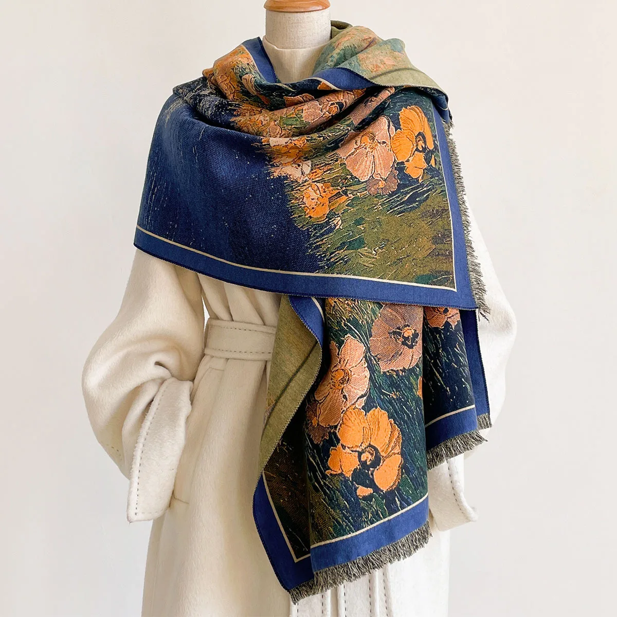 Pashmina Wrap Large - ผ้าพันคอแคชเมียร์เทียมสำหรับผู้หญิง ผ้าคลุมไหล่หนาอบอุ่นมีพู่ ผ้าพันคอฤดูหนาวแบบกลับด้านได้ ผ้าพัชมีนา ผ้าคลุมไหล่ขนาดใหญ่สำหรับฤดูใบไม้ร่วง