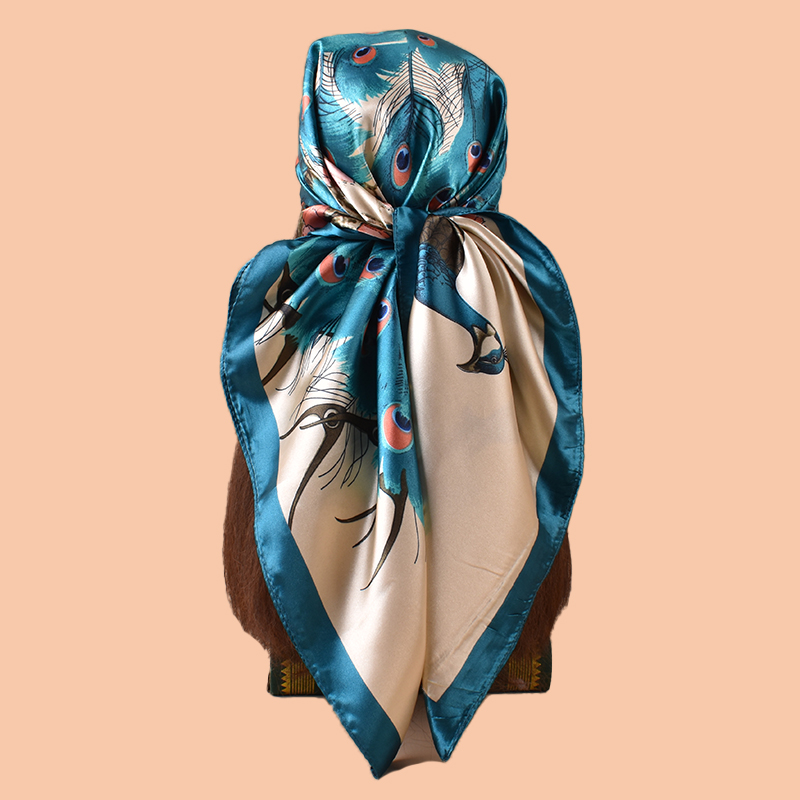 Scarf Silk Square - 1PC สุภาพสตรีผ้าพันคอสี่เหลี่ยมขนาดใหญ่นกยูงพิมพ์แฟชั่นสบายๆผ้าพันคอผ้าไหมอเนกประสงค์เหมาะสําหรับฤดูใบไม้ผลิฤดูร้อน Holiday Street สไตล์